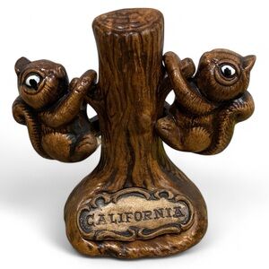 California Squirrel Salt /Pepper Shakers w/ Stand Wood looking Ceramic No Flaws